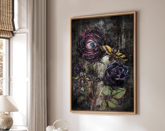 Framed Canvas Wall Art Eye in Moody Dark Flower Print Vintage Botanical Pupil Gothic Floral Painting Printed Abstract Living Room Decor