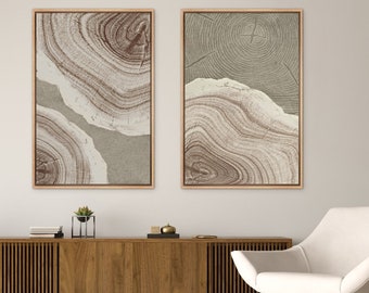 Framed Canvas Wall Art Set of 2 Wood Tree Rings Abstract Illustrations Prints Modern Art Minimalist Neutral Eclectic Home Decor