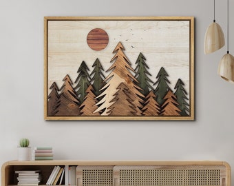 May include: A wooden wall art piece depicting a mountain range with a sun and trees. The trees are layered and have a green and brown color scheme. The sun is a circle with a red and brown color scheme.