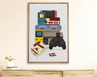 Framed Canvas Wall Art Retro Video Game Controllers Print Minimalist Modern Art Boy's Room Decor