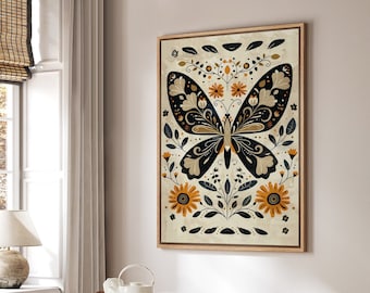 Framed Canvas Wall Art Butterfly Botanical Floral Art Print Minimalist Modern Boho Wall Art Living Room Decor