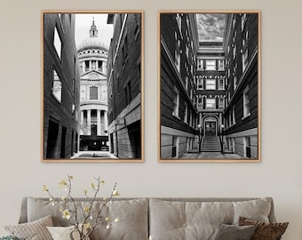 Framed Canvas Wall Art Set of 2 Black and White City Architecture Scenes Travel Prints Minimalist Modern Wall Art Decor