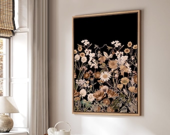 Framed Canvas Wall Art Dark Black Moody Wildflower Botanical Floral Art Print Vintage Minimalist Modern Boho Wall Art Living Room Decor