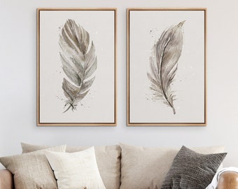 Framed Canvas Wall Art Set of 2 Bird Feather Prints Minimalist Rustic Art Modern Farmhouse Wall Decor