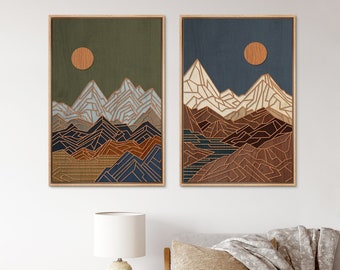 Framed Canvas Wall Art Set of 2 Sunset Mountain Landscape Abstract Illustrations Prints Modern Art Minimalist Boho Wall Decor