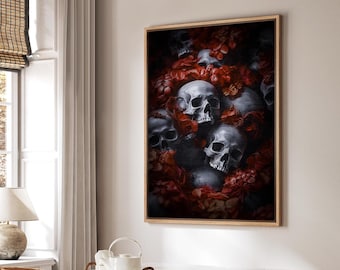 Framed Canvas Wall Art Dark Skull Halloween Print Gothic Academia Art Poster Vintage Spooky Season Skull Painting Printed Wall Decor