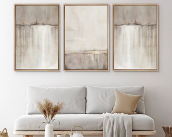 Framed Canvas Wall Art Set of 3 Beige Grey Abstract Landscape Prints Modern Art Minimalist Neutral Decor