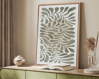 Framed Canvas Wall Art Prints Abstract Green White Botanical Floral Art Print Minimalist Modern Boho Wall Art Living Room Decor