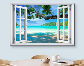 Framed Canvas Wall Art Window View of Tropical Island Beach Paradise Landscape Print Modern Art Realism Bedroom Wall Decor