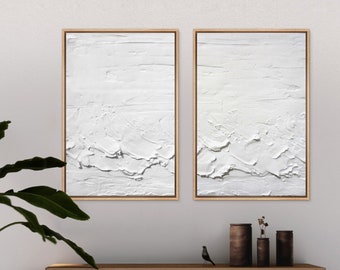 Framed Canvas Wall Art Set of 2 White Abstract Prints Modern Art Minimalist Neutral Wall Art Decor Living Room