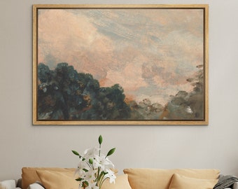 Vintage Framed Canvas Wall Art Print, Cloudy Sky Forest Wall Art, Modern Farmhouse Wall Decor, Rustic Nature Landscape Wall Art