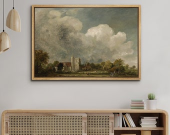 Vintage Framed Canvas Wall Art Print, Cloudy Sky Forest Wall Art, Modern Farmhouse Wall Decor, Rustic Country Landscape Wall Art