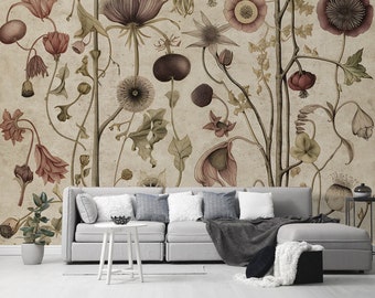 Peel and Stick Wallpaper Wilderness Floral Wall Mural landscape Woodland Flowers Watercolor Wallpaper Neutral Boho Wall Art Decor