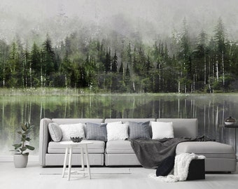 Watercolor Forest Peel and Stick Wall Mural Self Adhesive Removable Mountain Landscape Wallpaper Nature Wall Decor