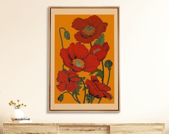 Framed Canvas Wall Art Red Daisy Flower Floral Botanical Print Minimalist Modern Art Boho Wall Decor