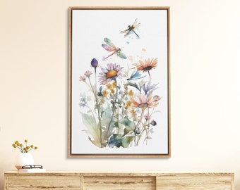 Framed Canvas Wall Art Watercolor Dragonfly Wildflowers Floral Botanical Print Minimalist Modern Wall Art Decor