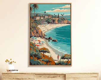 Framed Canvas Wall Art Mediterranean Tropical Beach Shore Ocean Illustration Travel Print Minimalist Modern Wall Art Decor