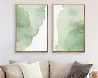 Framed Canvas Wall Art Set of 2 Sage Green Watercolor Abstract Print Minimalist Modern Wall Art Decor