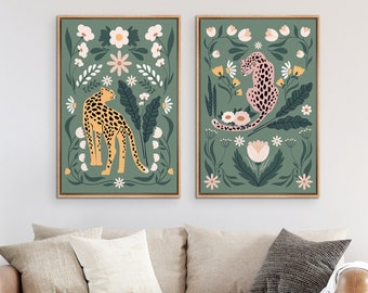 Framed Canvas Wall Art Set of 2 Cheetah Cats Animal Floral Botanical Prints Minimalist Modern Art Boho Decor Preppy Room Decor