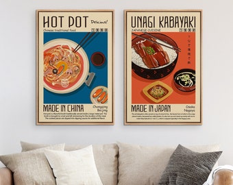 Framed Canvas Wall Art Set of 2 Chinese & Japanese Food Prints Mid Century Modern Wall Art Retro Kitchen Wall Decor