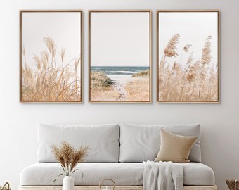 Framed Canvas Wall Art Set of 3 Pampas Grass Beach Ocean Shore Photography Prints Minimalist Modern Art Neutral Coastal Room Decor
