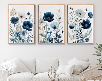 Framed Canvas Wall Art Set of 3 Navy Blue Wildflowers Floral Botanical Prints Minimalist Modern Art Boho Wall Decor