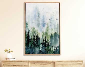 Framed Canvas Wall Art Sage Green Watercolor Forest Nature Landscape Print Minimalist Modern Art Woodland Nursery Decor