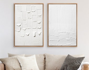 Framed Canvas Wall Art Prints Set of 2 White Abstract Painting Minimalist Modern Wall Art Neutral Wall Decor for Living Room