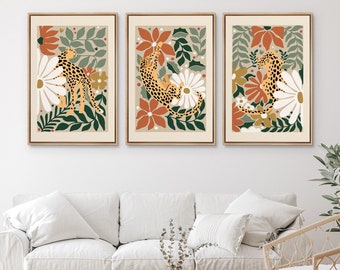 Framed Canvas Wall Art Set of 3 Cheetah Cats Animal Floral Botanical Prints Minimalist Modern Art Boho Decor Preppy Room Decor