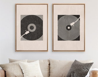 Framed Canvas Wall Art Set of 2 Abstract Geometric Music Record Player Prints Mid Century Modern Wall Art Minimalist Decor