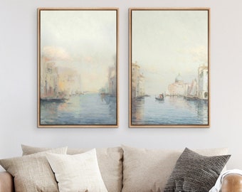 Framed Canvas Wall Art Set of 2 Italy Venice River Boat Travel Prints Minimalist Modern Wall Art Neutral Decor