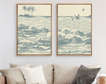 Framed Canvas Wall Art Set of 2 Beach Ocean Wave Landscape Prints Minimalist Modern Art Vintage Coastal Decor