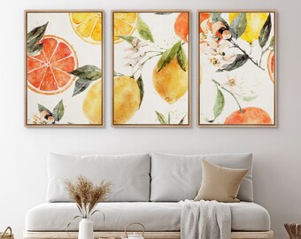 Framed Canvas Wall Art Set of 3 Pastel Lemon Orange Fruits Prints Minimalist Modern Art Kitchen Wall Decor