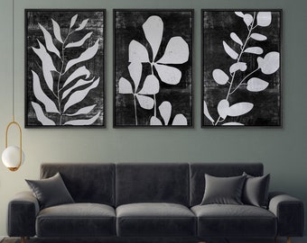 Framed Canvas Wall Art Set of 3 Black and White Abstract Leaf Botanical Prints Minimalist Art Modern Farmhouse Wall Decor