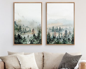 Framed Canvas Wall Art Set of 2 Green Forest Mountain Landscape Prints Minimalist Modern Art Nature Wall Decor