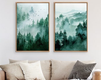 Framed Canvas Wall Art Set of 2 Sage Green Forest Mountain Nature Landscape Print Minimalist Modern Art Woodland Nursery Decor