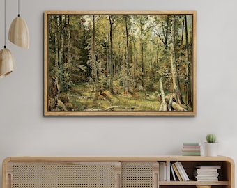 Vintage Framed Canvas Wall Art Print, Forest Trees Landscape Print, Modern Farmhouse Wall Decor, Country Nature Landscape