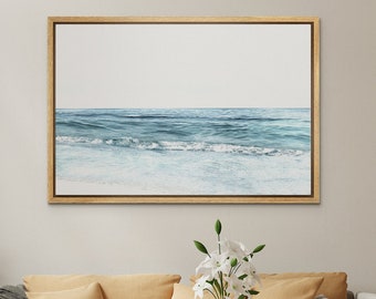 Framed Canvas Wall Art Blue Beach Ocean Photography Prints Minimalist Modern Art Coastal Room Decor