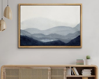 Vintage Landscape Wall Art Print Framed, Nature Framed Gallery Art, Minimalist Art Prints, Canvas Landscape Print, Misty Blue Mountain