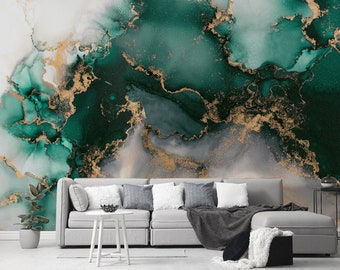 Peel and Stick Wallpaper Emerald Green Wallpaper Abstract Wall Mural Minimalist Wall Paper Self Adhesive Mid Century Modern Wall Art