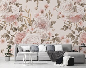 Pastel Peony Peel and Stick Wallpaper Self Adhesive Removable Soft Floral Wall Mural Neutral Boho Wall Decor