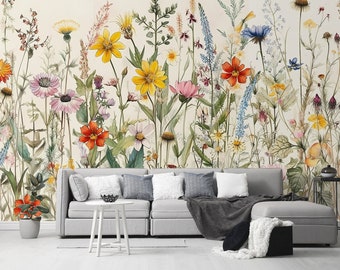 Watercolor Floral Peel and Stick Wallpaper Self Adhesive Removable Flowers Botanical Wall Mural Boho Wall Decor
