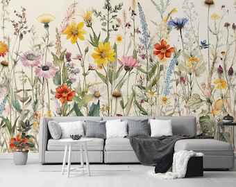 Watercolor Floral Peel and Stick Wallpaper Self Adhesive Removable Flowers Botanical Wall Mural Boho Wall Decor