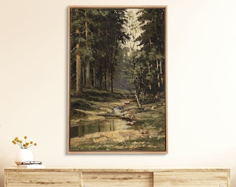 Vintage Framed Canvas Wall Art Print, Antique Tree Print, Vintage Landscape Print, Modern Farmhouse Wall Decor, Autumn Forest Path