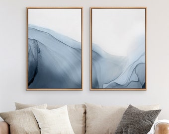 Framed Canvas Wall Art Set of 2 Navy Blue Abstract Prints Minimalist Modern Wall Art Decor
