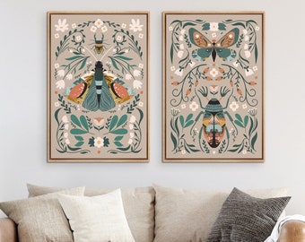 Framed Canvas Wall Art Set of 2 Butterfly Floral Botanical Prints Mid Century Modern Art Boho Wall Decor