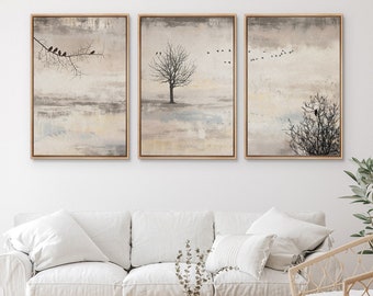 Framed Canvas Wall Art Set of 3 Birds in Tree Silhouette Rustic Landscape Prints Minimalist Vintage Art Modern Farmhouse Wall Decor