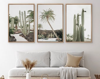 Framed Canvas Wall Art Set of 3 Green Cactus Desert Landscape Photography Prints Minimalist Modern Art Western Decor