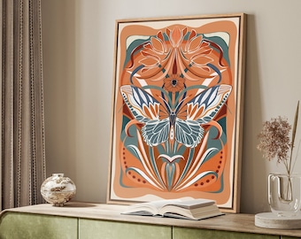 Framed Canvas Wall Art Orange Butterfly Floral Botanical Print Minimalist Mid Century Modern Art Boho Wall Decor