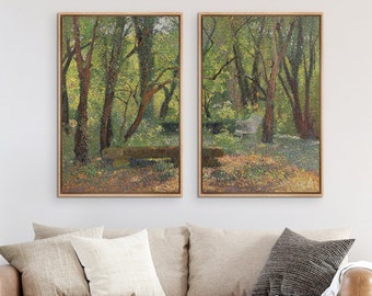 Framed Canvas Wall Art Set of 2 Green Rustic Forest Landscape Prints Nature Modern Art Vintage Home Decor